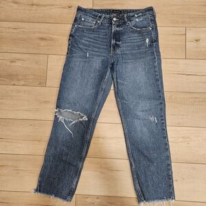 High-Rise Distressed Ankle Jeans in Dark Blue